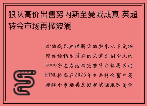 狼队高价出售努内斯至曼城成真 英超转会市场再掀波澜